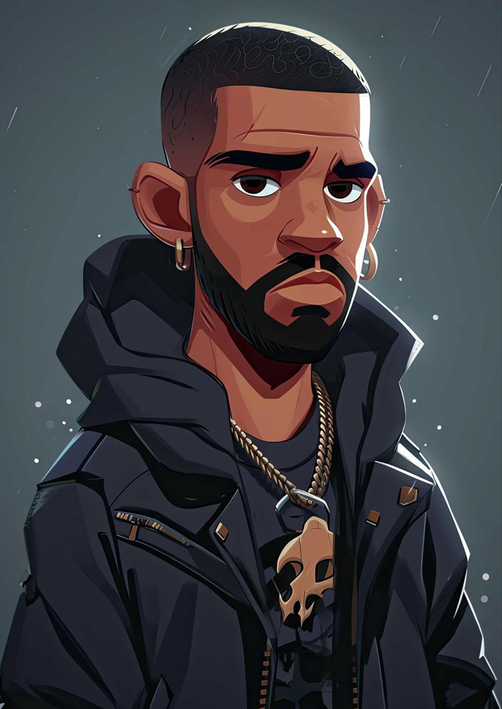 Cartoon illustration of Drake with a black jacket and gold chain