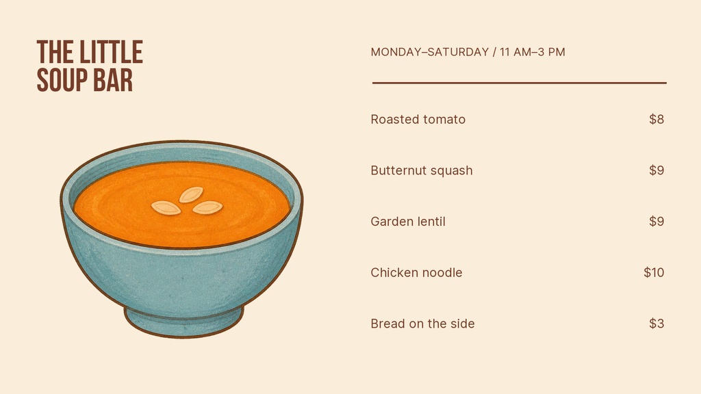Preview for The Little Soup Bar Digital Menu Board Template