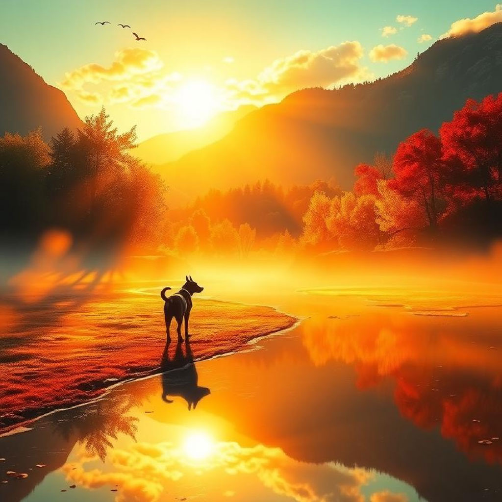 Dog watching sunrise over mountains by a lake