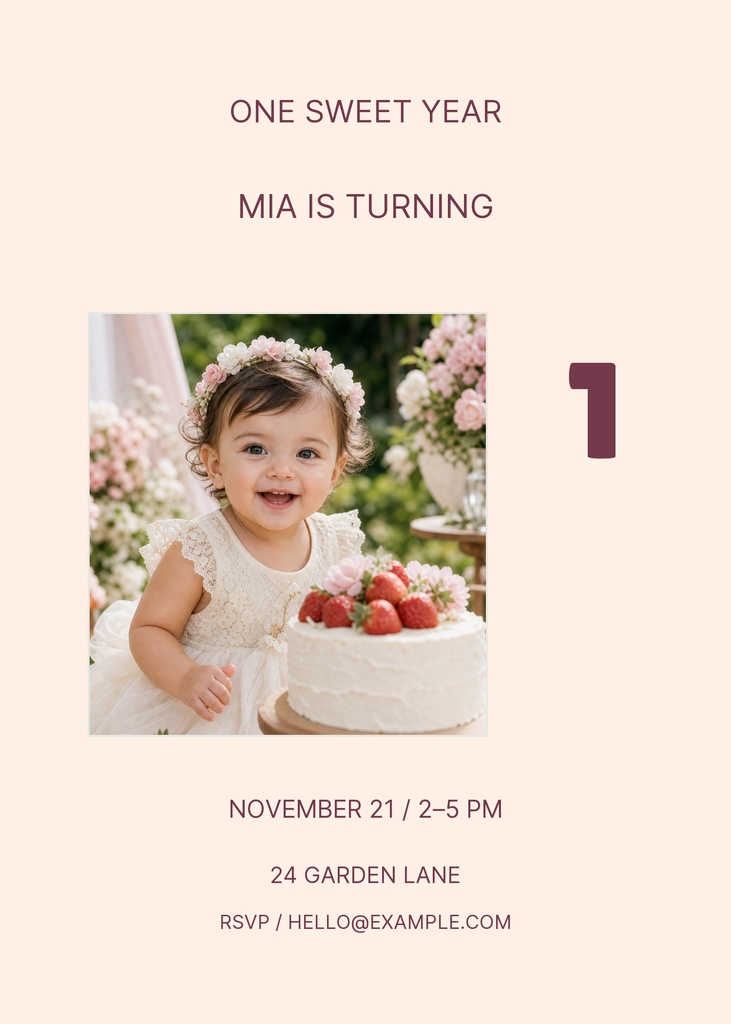 Preview for One Sweet Year 5 × 7 Invitation Template