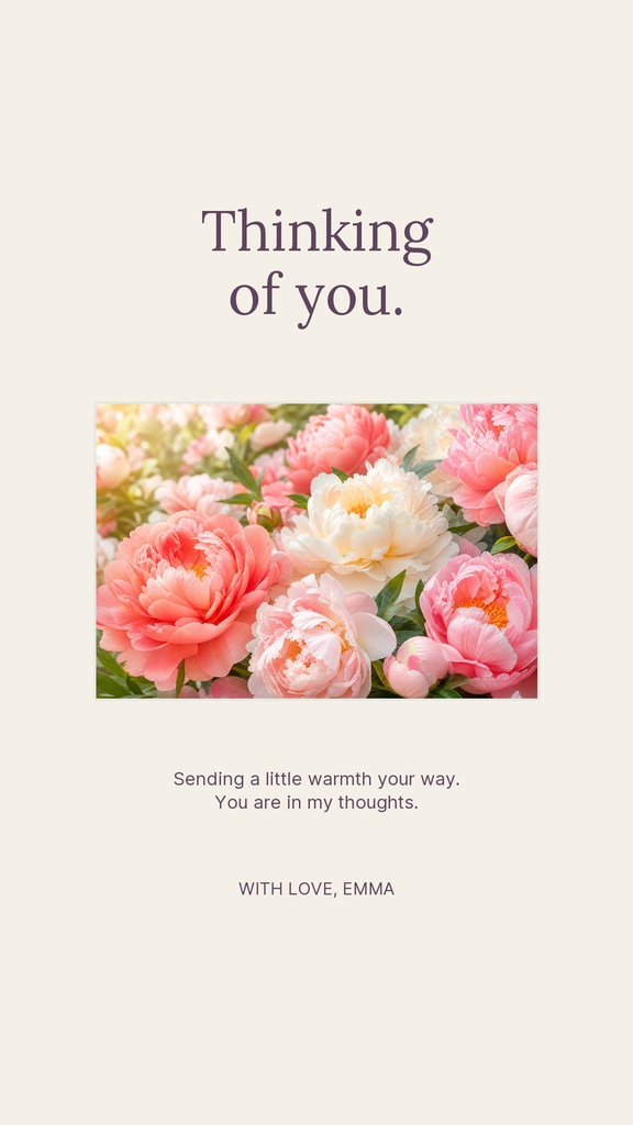 Vertical Instagram story design with a pink floral photo and the words Thinking of you.