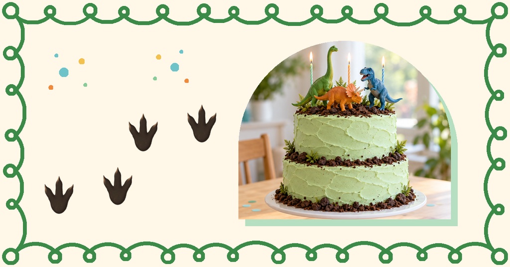 Cream dinosaur birthday cover with green border, footprints, confetti, and a cake photo