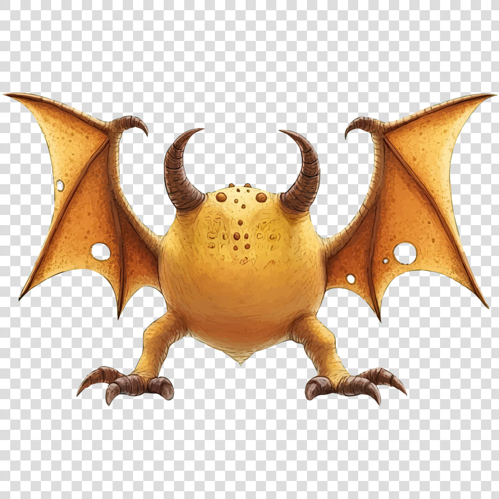 A yellow creature with bat wings and horns