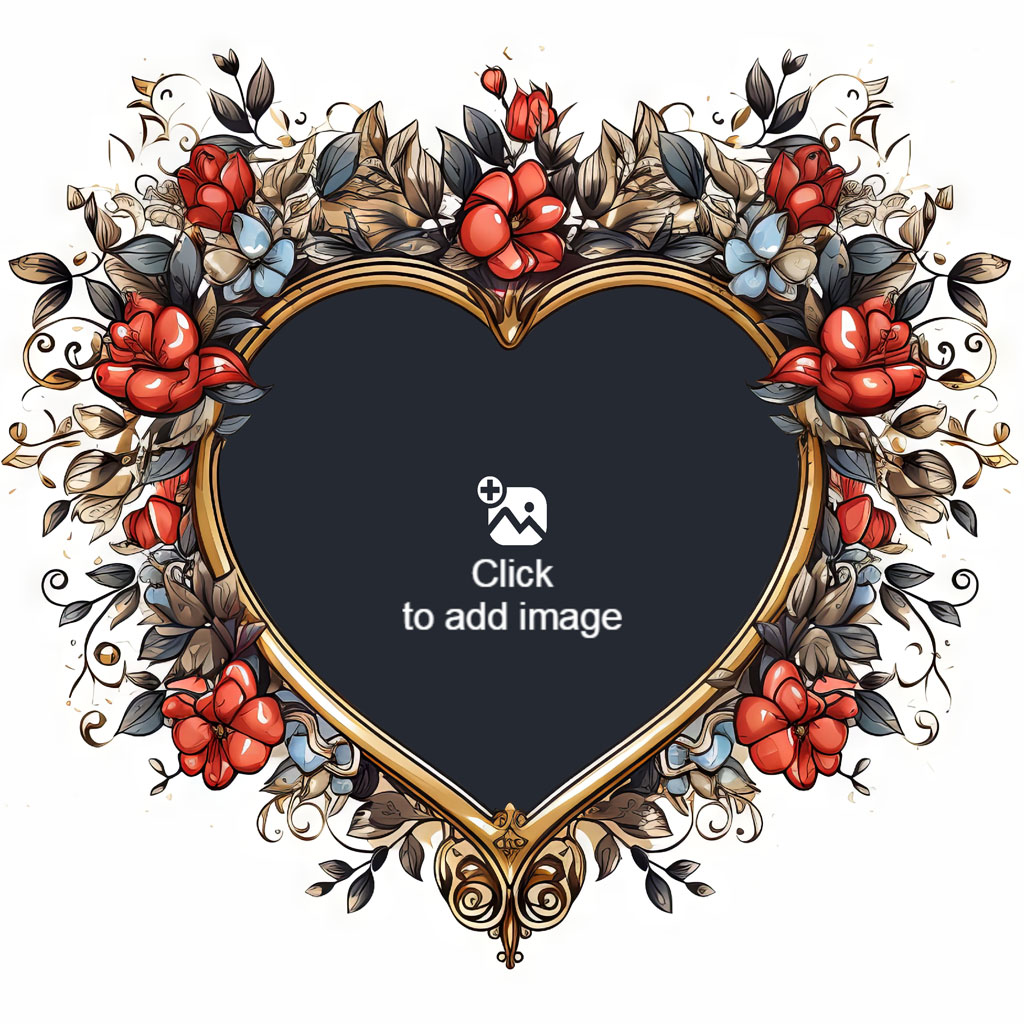 A gold heart-shaped frame with red and blue flowers and leaves around it.