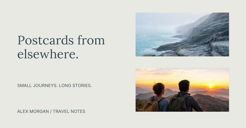Minimal travel cover with two landscape photos and the text Postcards from elsewhere.