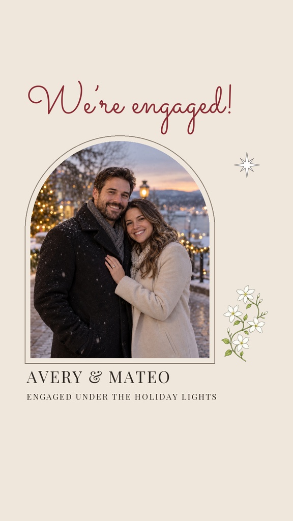 Portrait engagement story with a couple photo, script title, and floral holiday accents.