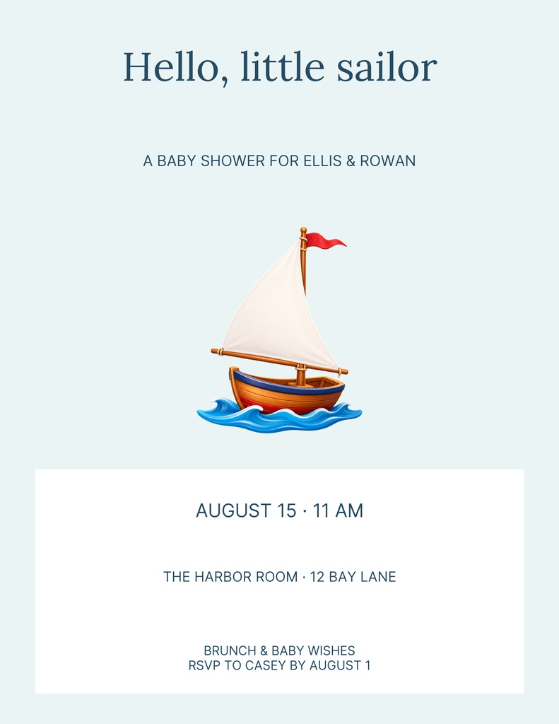 Portrait baby shower flyer with a sailboat illustration and the text Hello, little sailor.