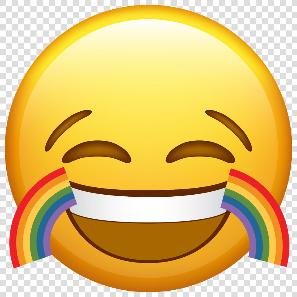 A yellow smiling face emoji with closed eyes and a rainbow on each side