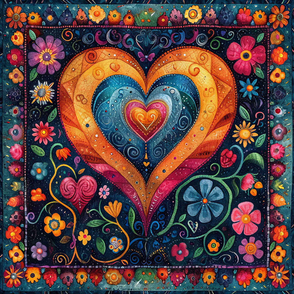 A colorful heart-shaped artwork surrounded by flowers and foliage