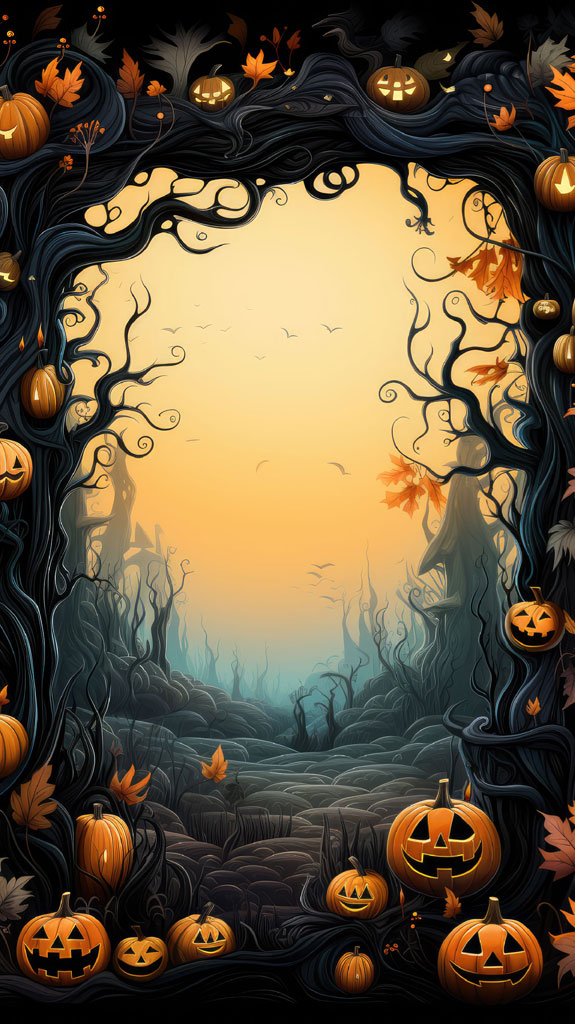 Halloween background with carved pumpkins and twisted tree branches