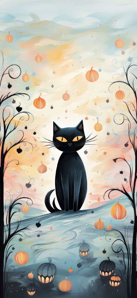 A black cat with yellow eyes sits amidst floating pumpkins and swirling autumn colors.