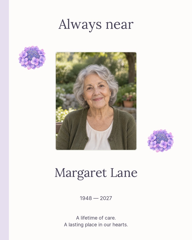 Lavender floral memorial portrait template with a woman’s photo and the title Always near.