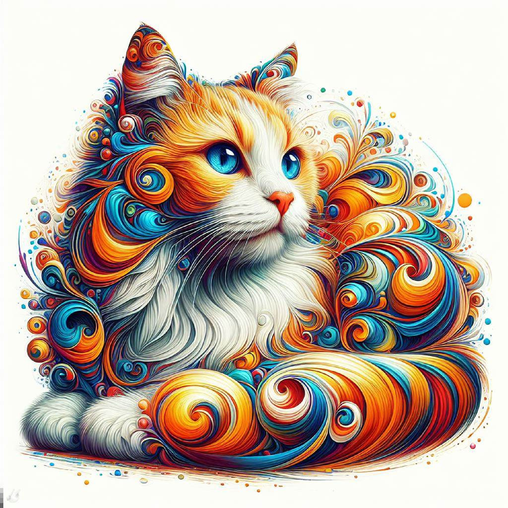 A stylized cat with bright green eyes and multicolored fur