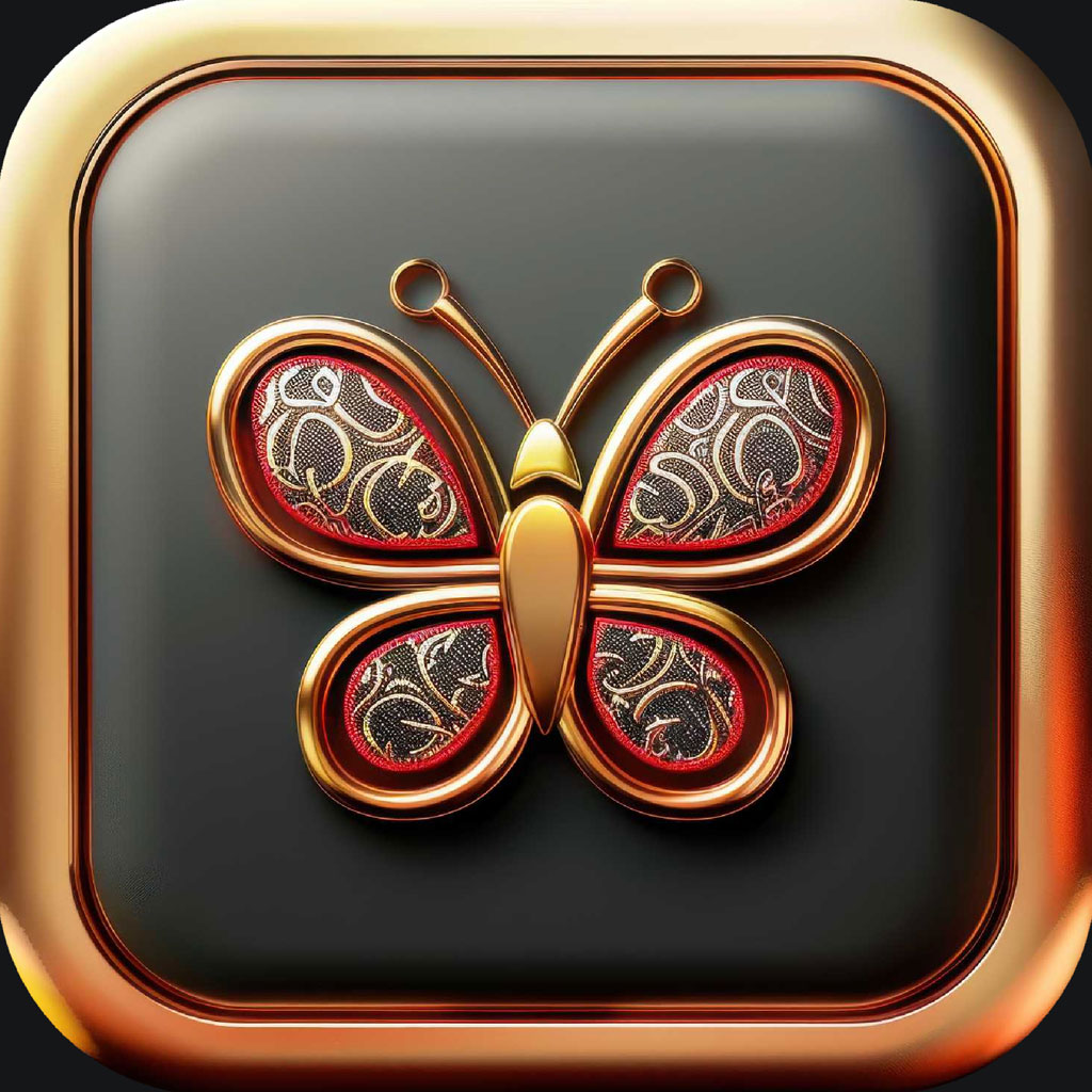 Golden butterfly icon with red and silver details
