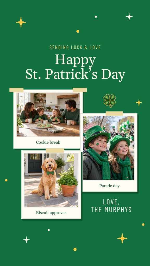 Green St. Patrick's Day story template with three family photos and gold accents