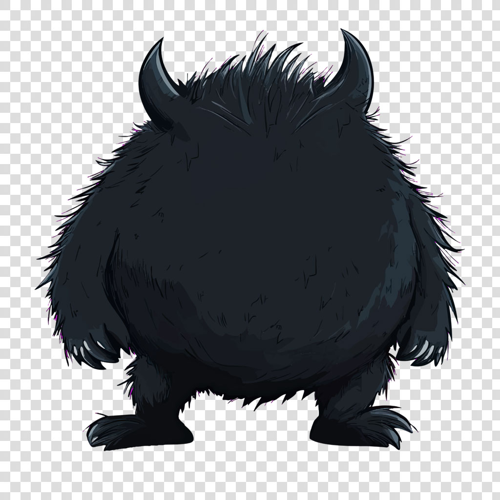 Illustration of a black, furry creature with horns