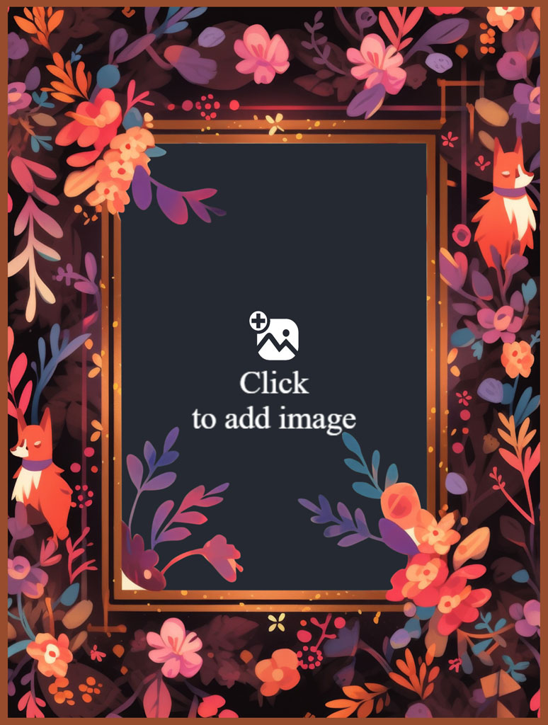 A floral frame with a gold border and cartoon foxes on a dark background.