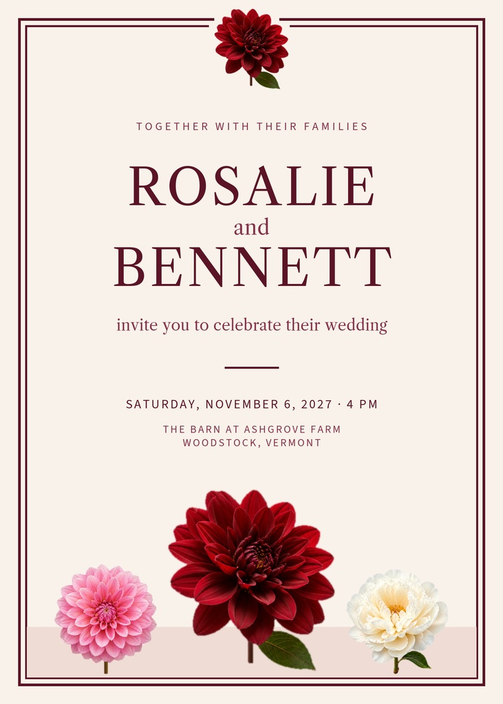 Preview for Burgundy Dahlia Wedding 5 × 7 Invitation Template