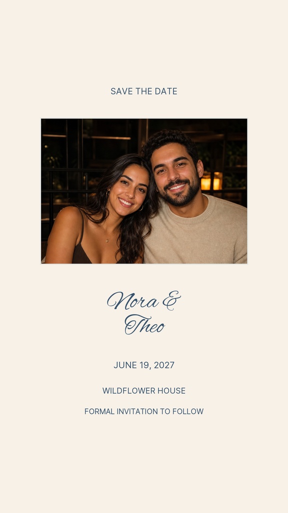Portrait wedding story template with a couple photo, save the date text, and wildflower-themed invitation details.