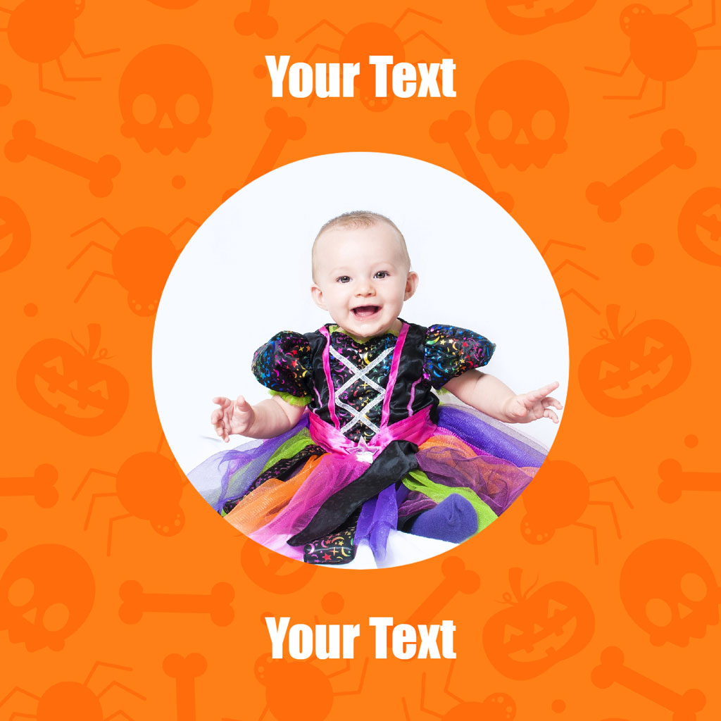 Baby in a witch costume on a Halloween card template
