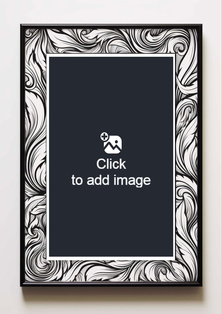 Black and white picture frame with a swirling pattern on a white wall