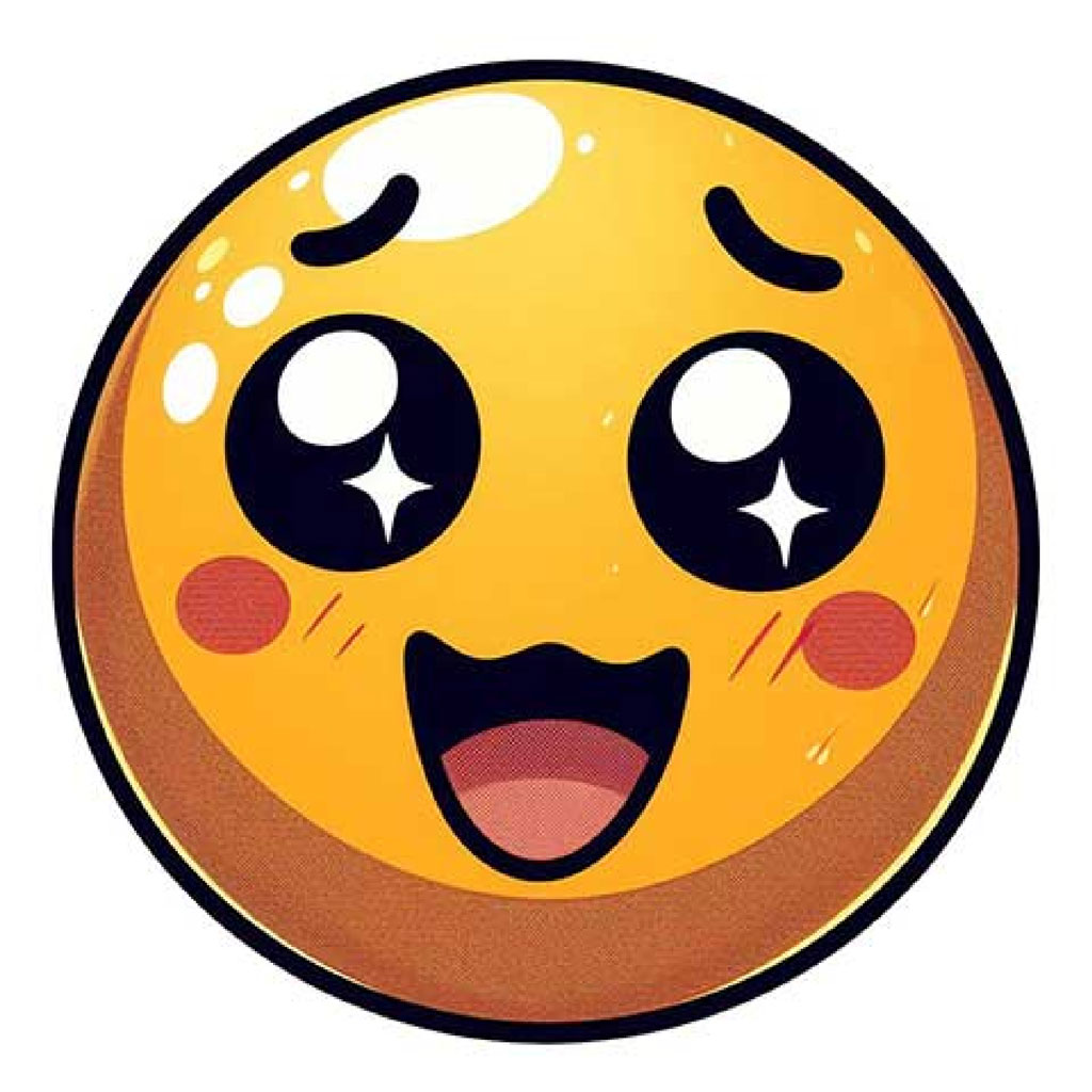 A cartoon-style yellow emoji face with a big smile and sparkling eyes