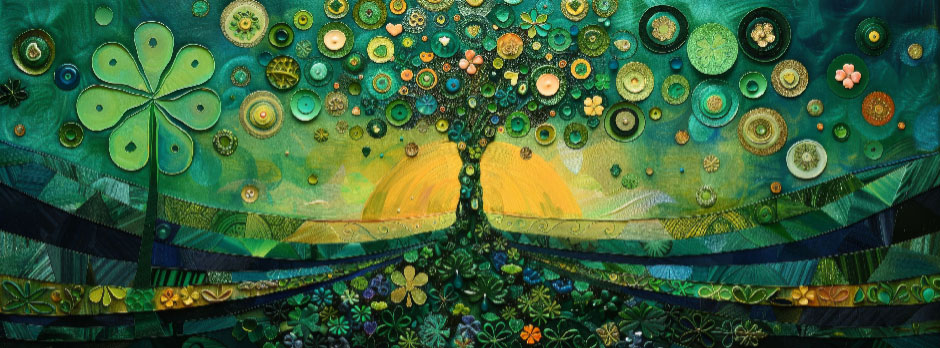 A colorful digital painting of a tree with a large flower and various circular shapes