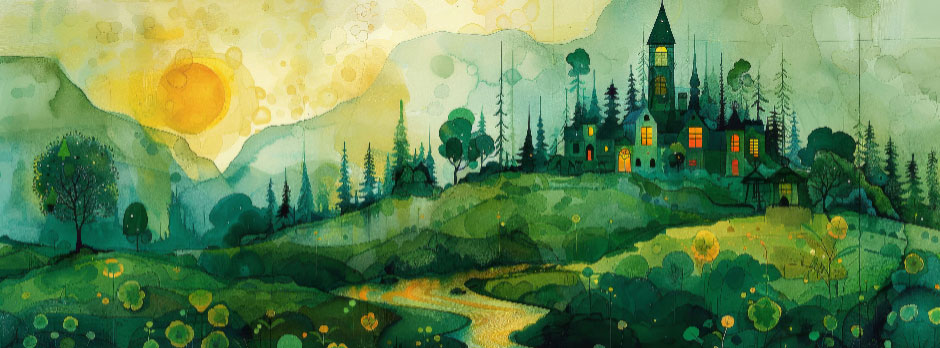 Watercolor painting of a castle on a hill with trees and a yellow sun