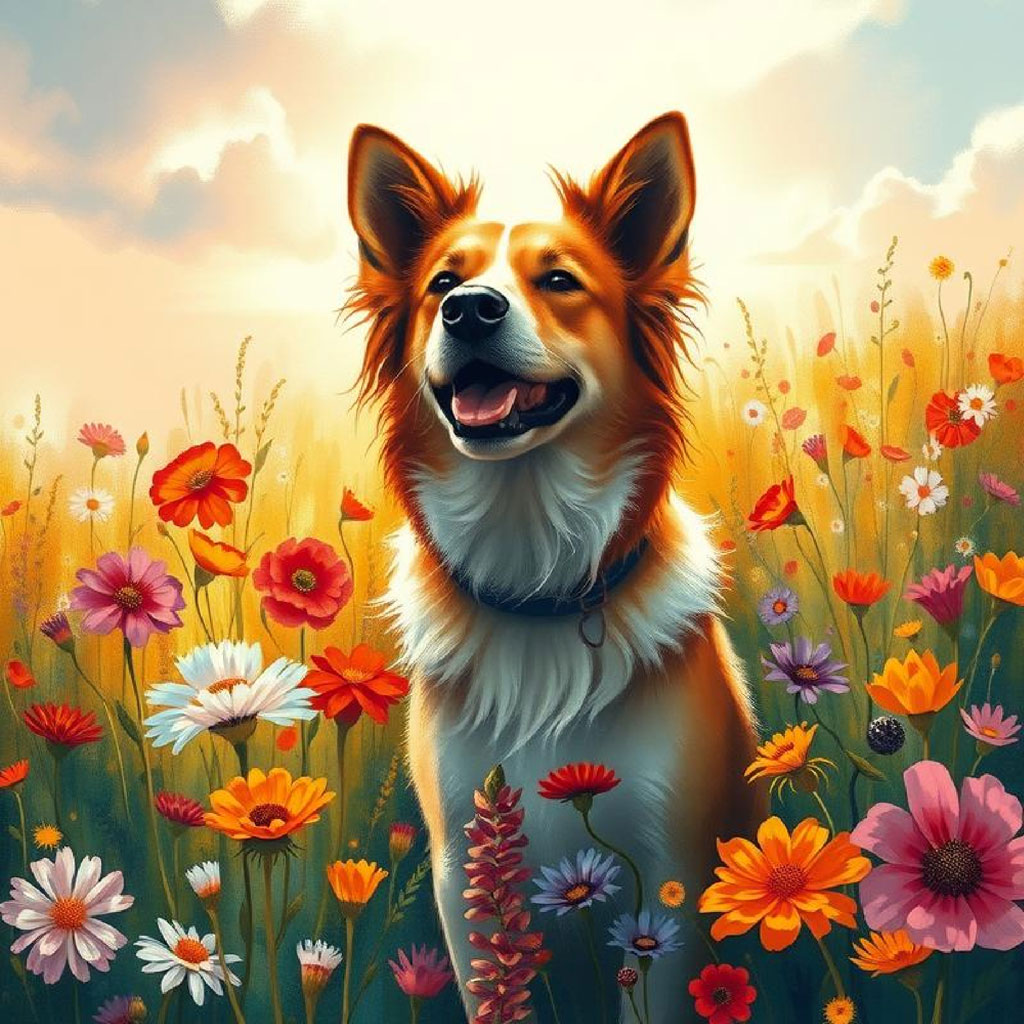 A vibrant field of diverse wildflowers with birds flying under a bright sunrise.