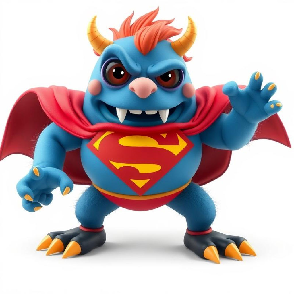 3D illustration of a blue monster with Superman costume and cape
