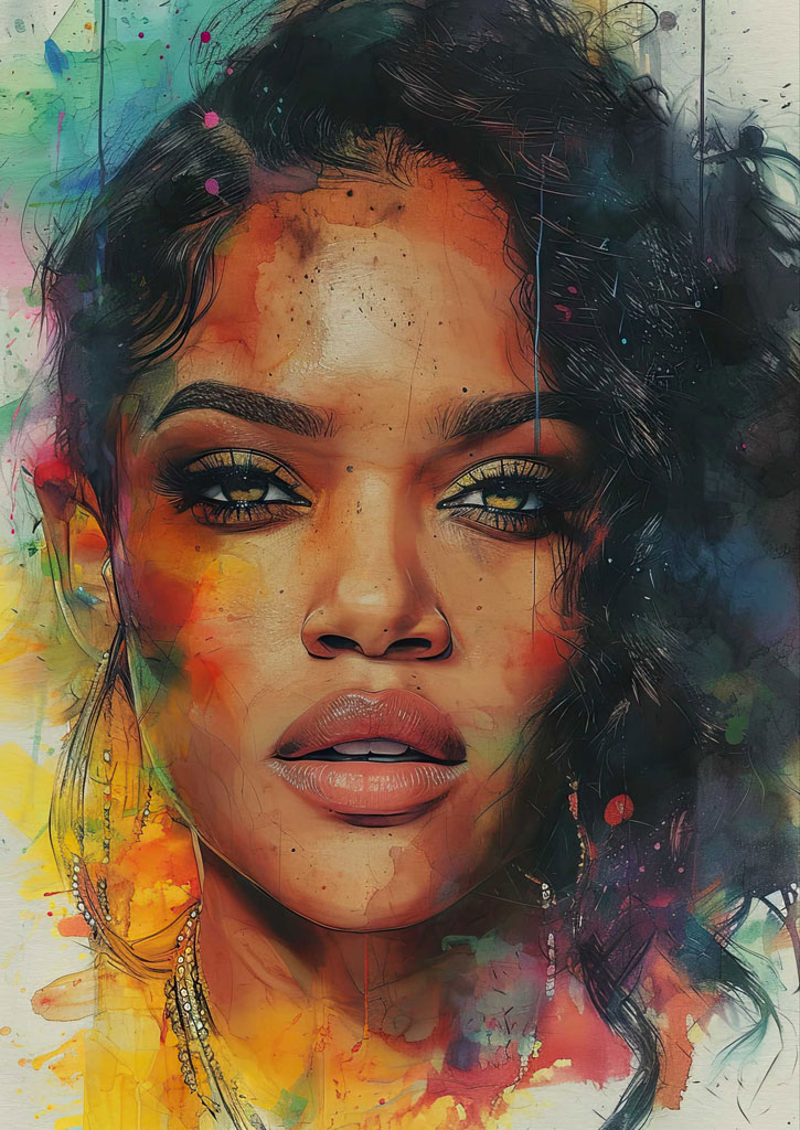 A watercolor-style portrait of a woman with dark hair and yellow eyes.