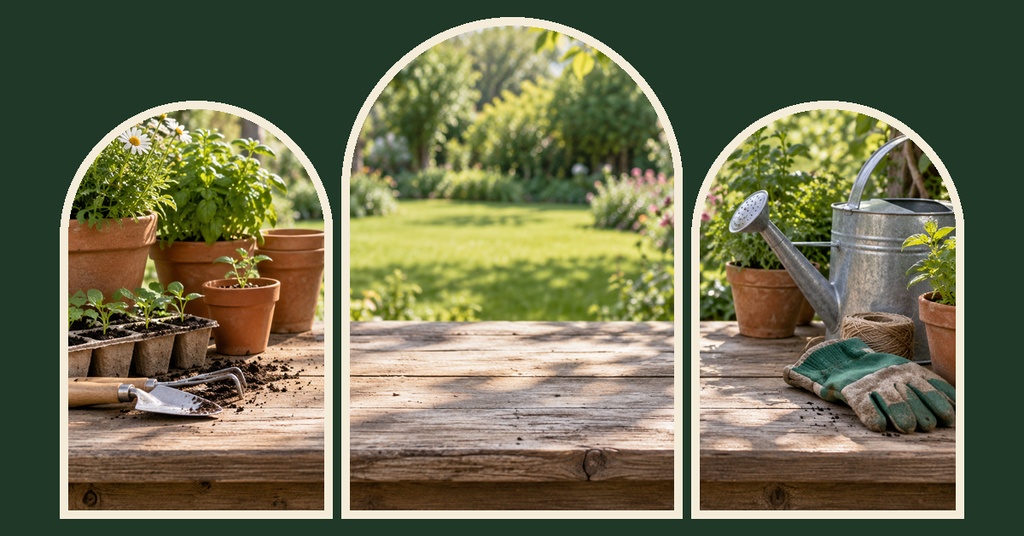 Three arched panels showing potted seedlings, a garden path, and watering cans on a green background.