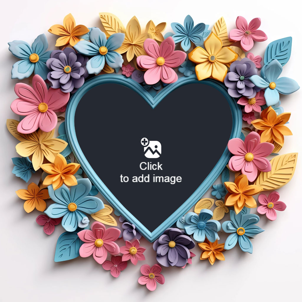A heart-shaped frame with a black center, surrounded by colorful paper flowers and leaves.