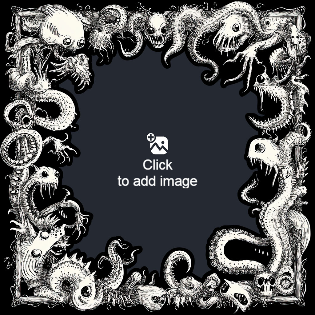 A black and white illustration of a frame with monsters and creatures.