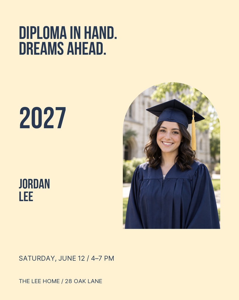 Graduation portrait template with Class of 2027 text and a graduate in a cap and gown holding a diploma.