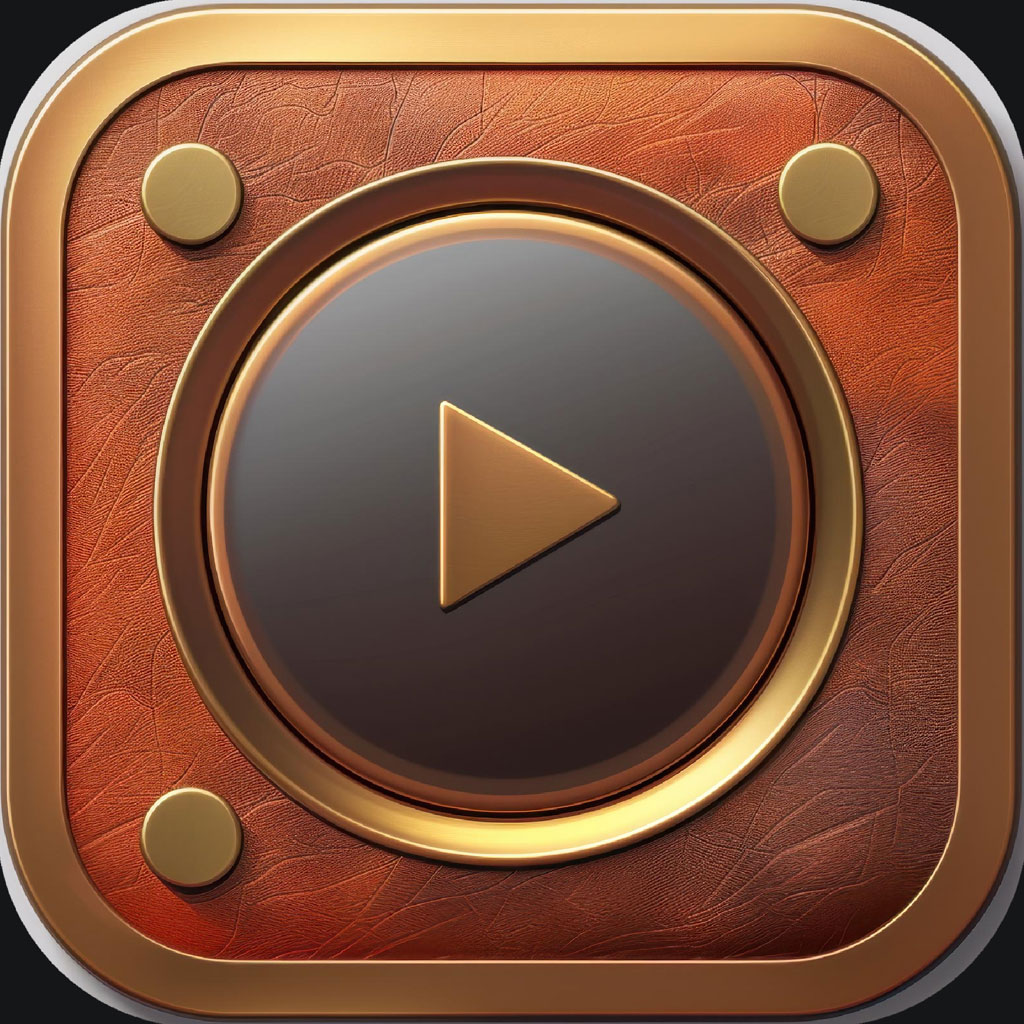 Gold video player icon on brown leather
