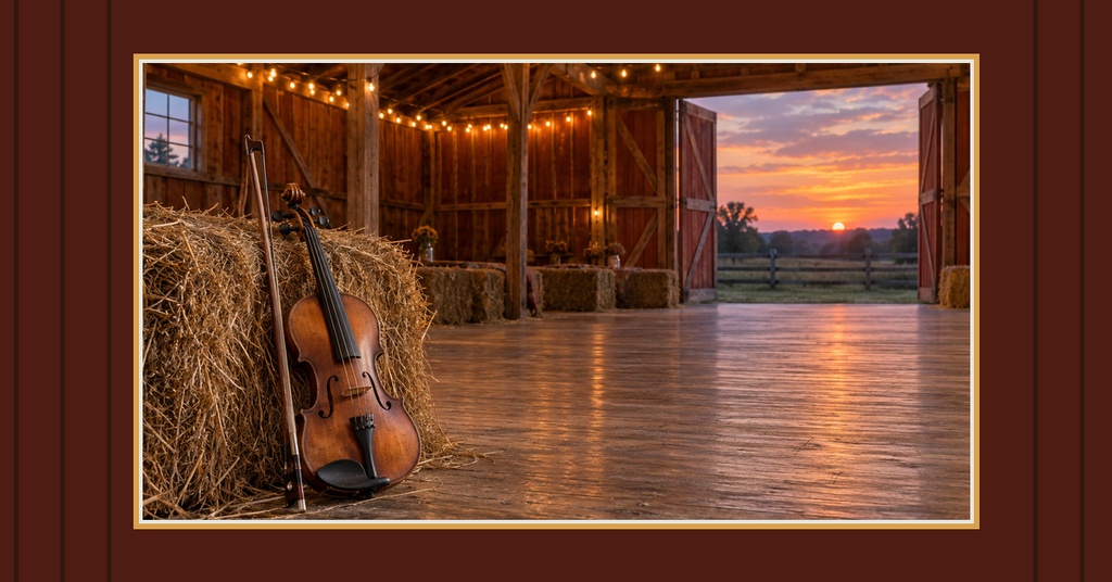 Rustic barn interior with hay bales, a violin, warm string lights, and sunset through open doors
