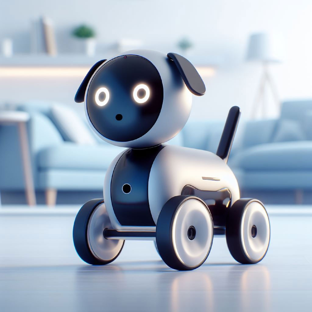 A futuristic robot dog with glowing eyes in a modern living room
