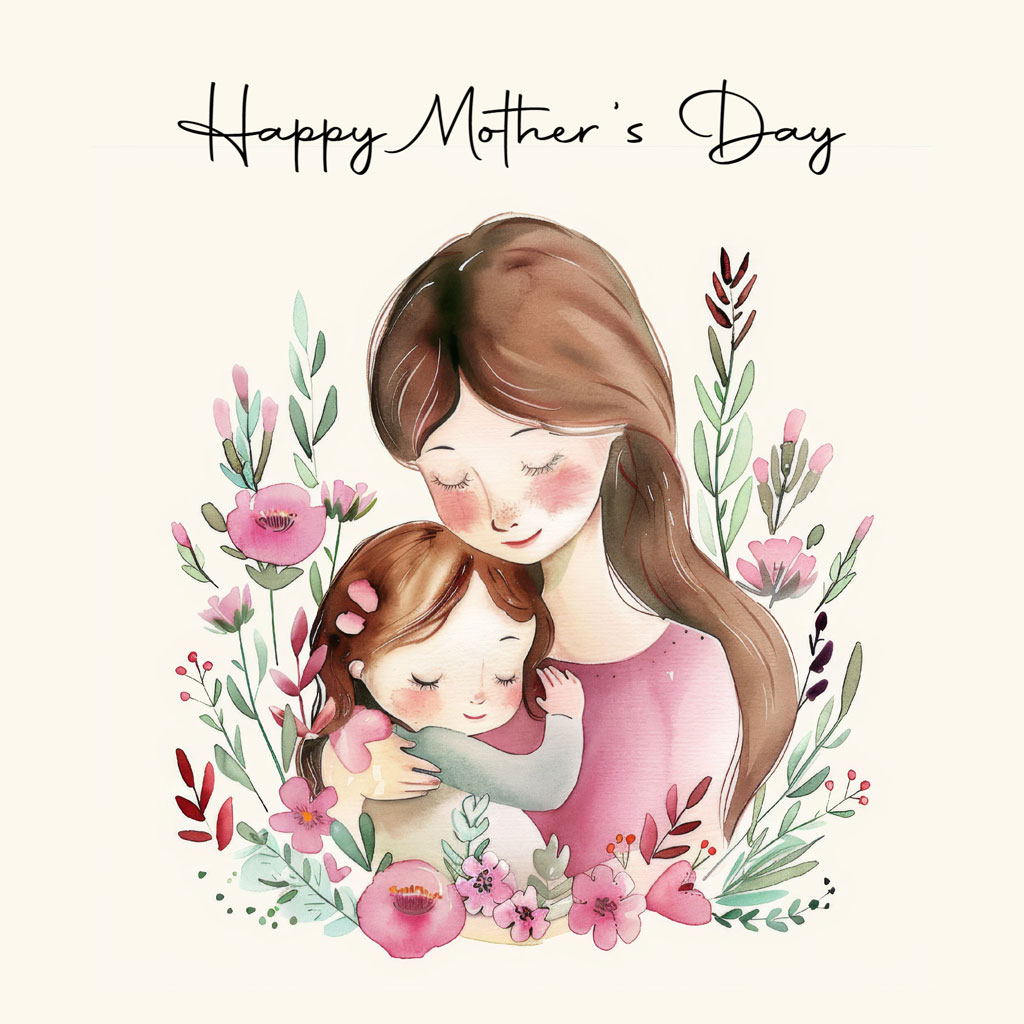 Mother and daughter hugging, surrounded by pink flowers