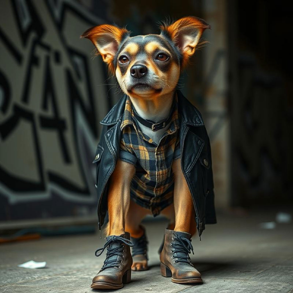 Woman in black leather jacket and ripped denim shorts standing in an alleyway