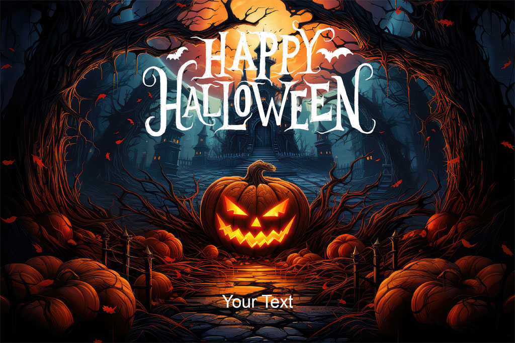 A spooky Halloween scene with a glowing pumpkin in a dark forest