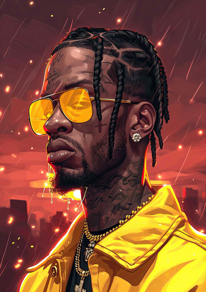 Illustration of a man with braids and tattoos wearing yellow sunglasses and jacket