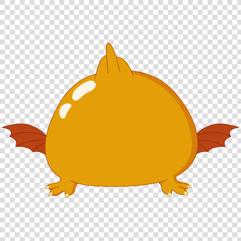 A cartoon creature with a round yellow body, red fins, and a horn on its back.