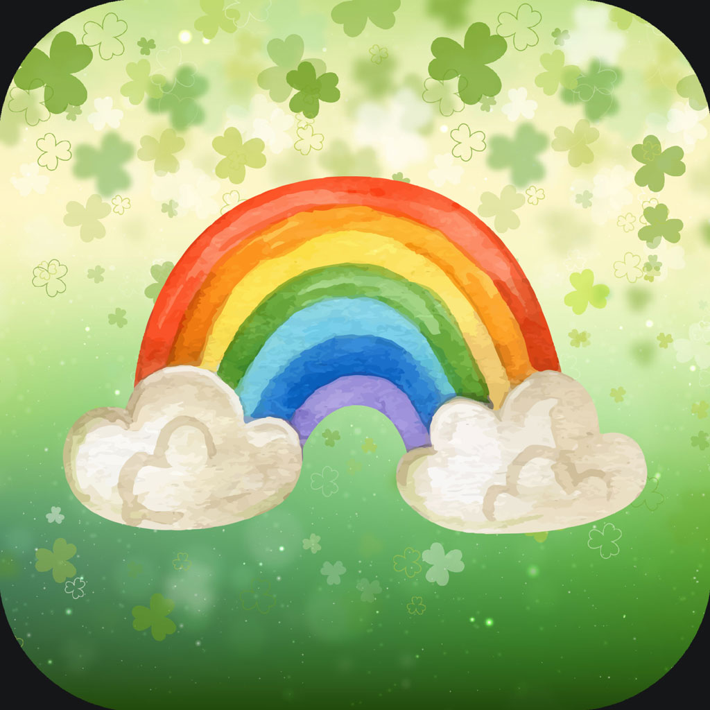 A colorful rainbow with clouds surrounded by shamrocks on a green background.