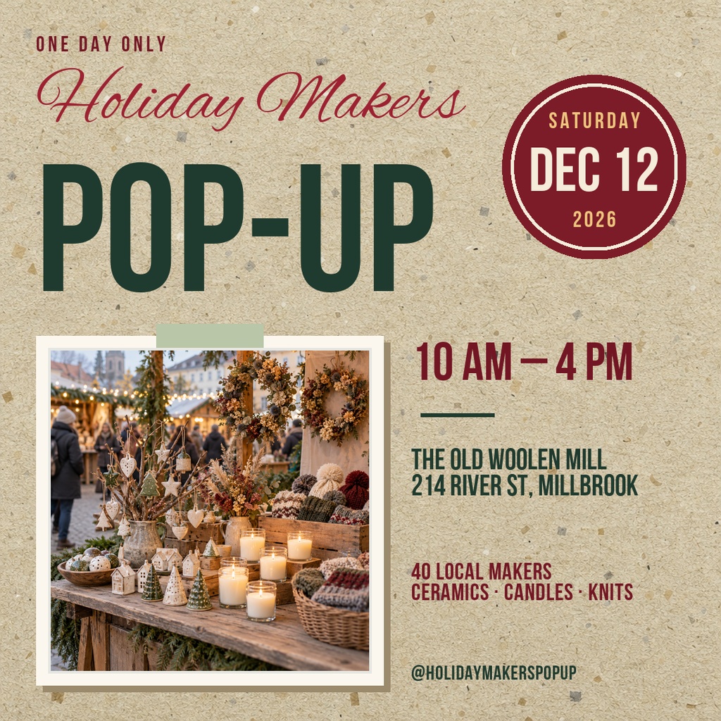 Square event flyer with a holiday market scene, large Pop-Up headline, date badge, and event details.