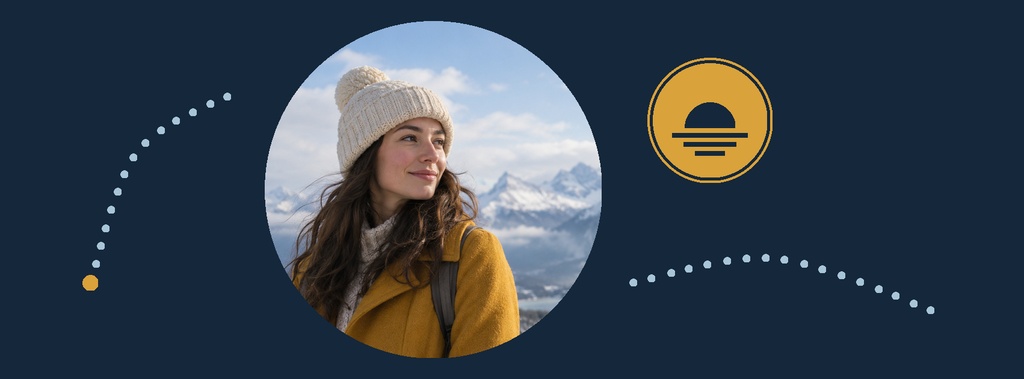 Woman in a knit hat shown in a circular photo on a dark winter travel banner with mountains and dotted accents.
