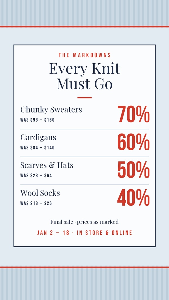 Instagram story sale template with knitwear markdowns and large percentage discounts