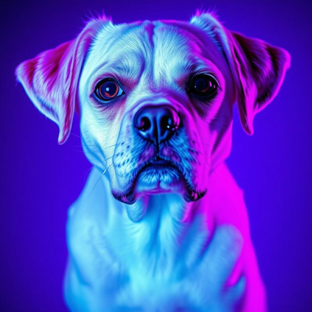 A woman's face lit with neon blue and purple lights, looking contemplative.