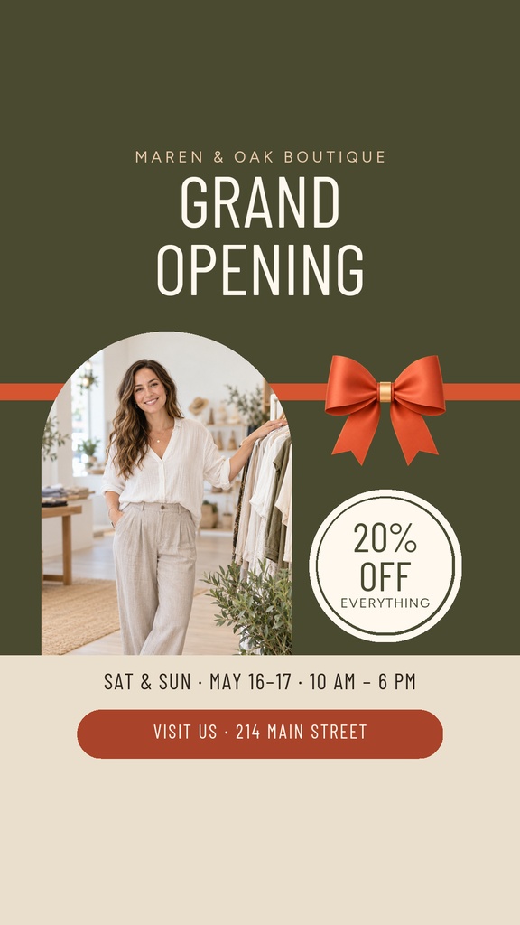 Portrait Instagram story template for a boutique grand opening weekend with a bow and discount badge.