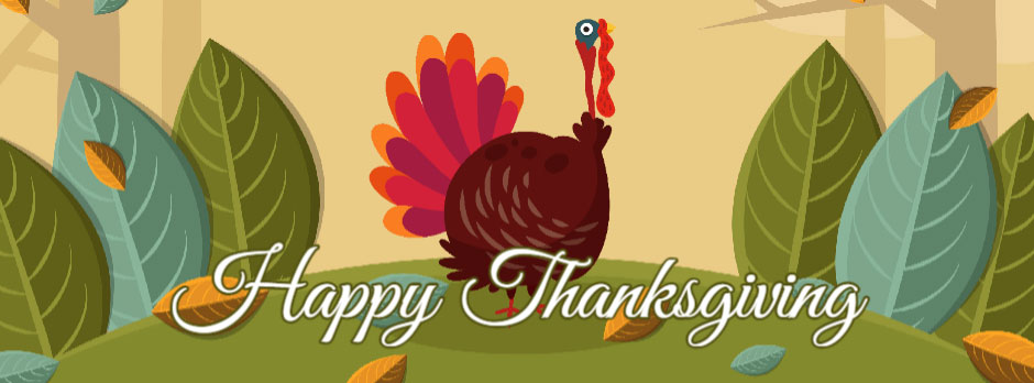 Cartoon turkey with colorful tail feathers on a grassy hill with leaves